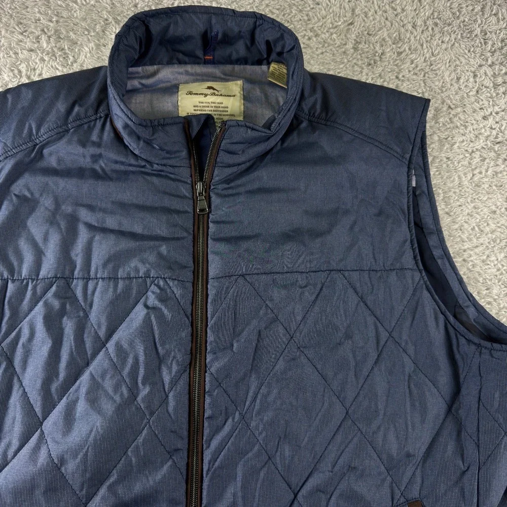 Tommy Bahama Mens XL Quilted Full Zip Vest Navy Blue Micro Check Diamond Pattern